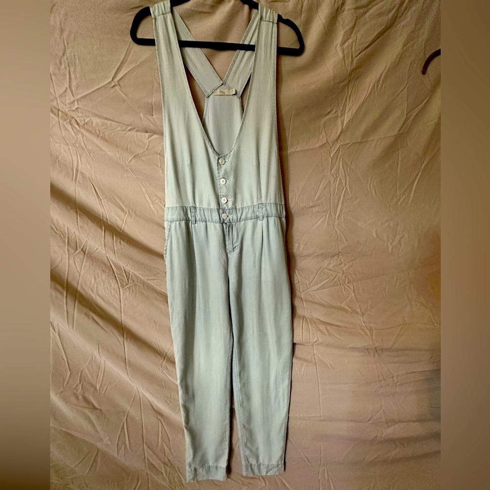 Light blue linen blend denim overalls